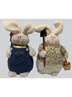 Pair Of Plush Garden Bunny Figurines 10 " Farmer Weighted Bottoms Easter Spring